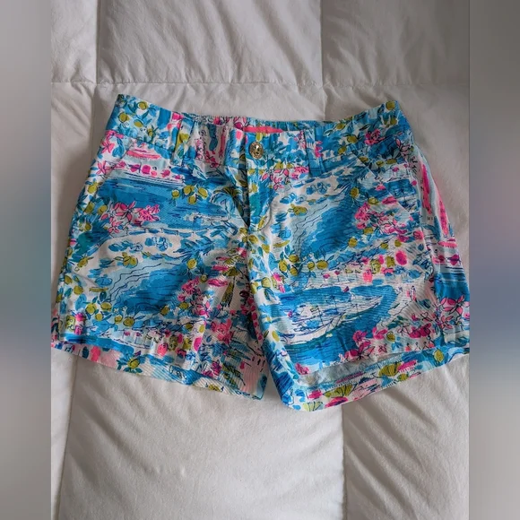 Lilly Pulitzer Blue Floral Print Bermuda Shorts with Pink & Green Accents - Picture 4 of 10